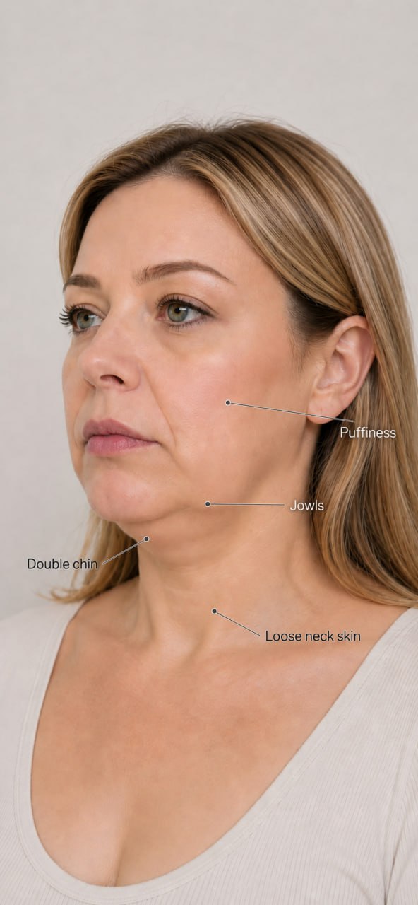Face profile with marked puffiness, jowls, double chin and loose neck skin